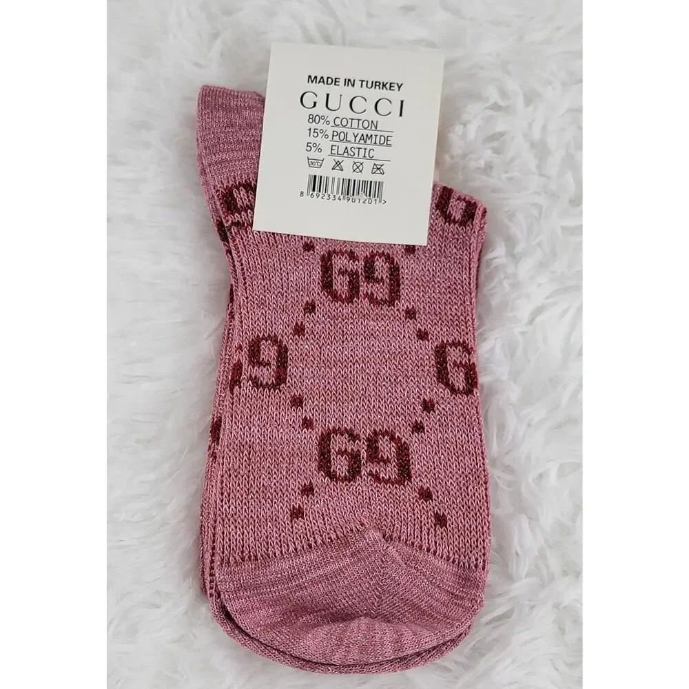 Gucci Crew Socks Unisex GG Logo Metallic 100% Authentic Pink Red Luxury New